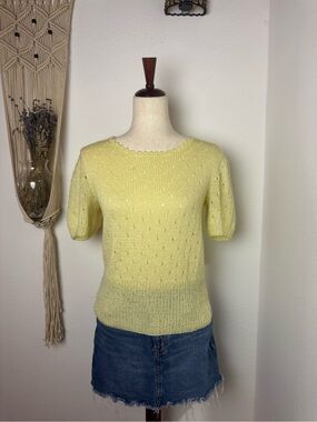 Vintage Pale Yellow Short-Sleeve Knit Sweater
